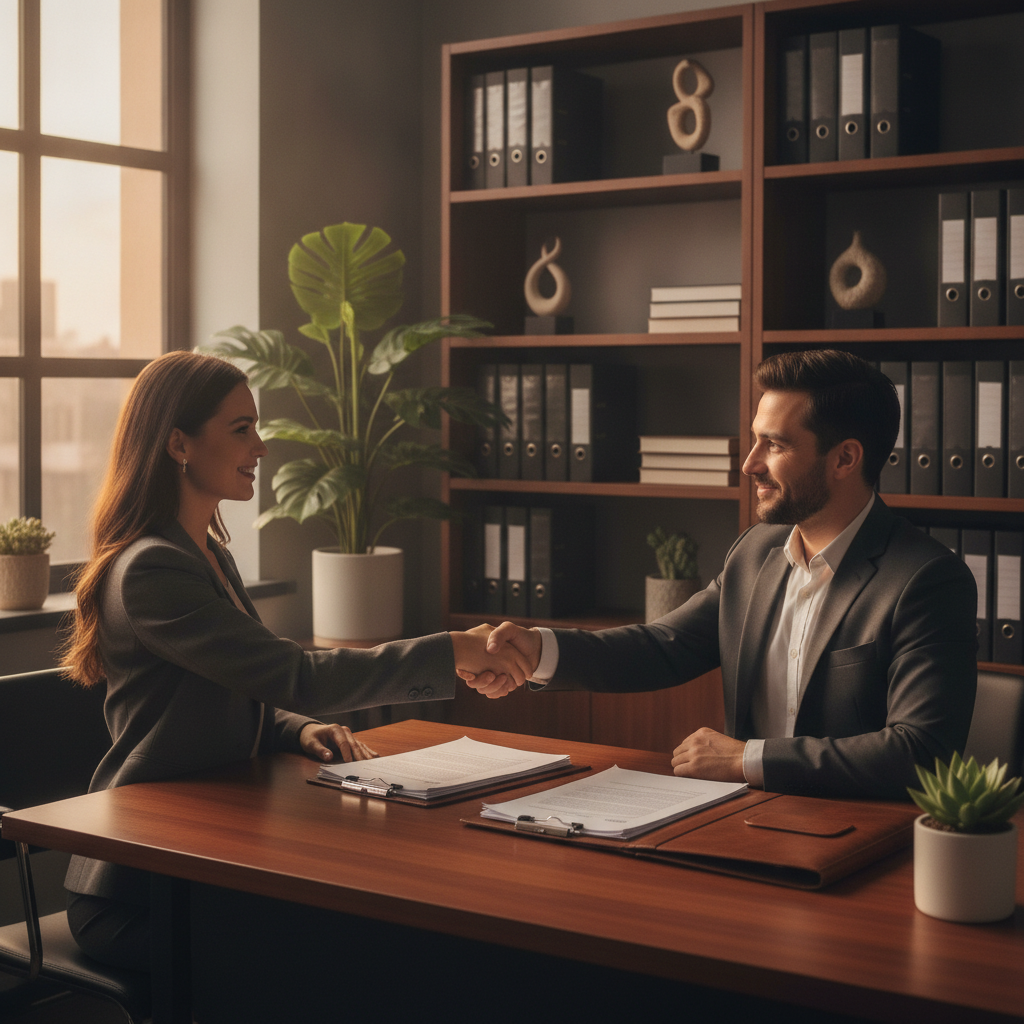 Small business owner in Etobicoke shaking hands with a lawyer after finalizing Ontario startup documents, celebrating a successful launch