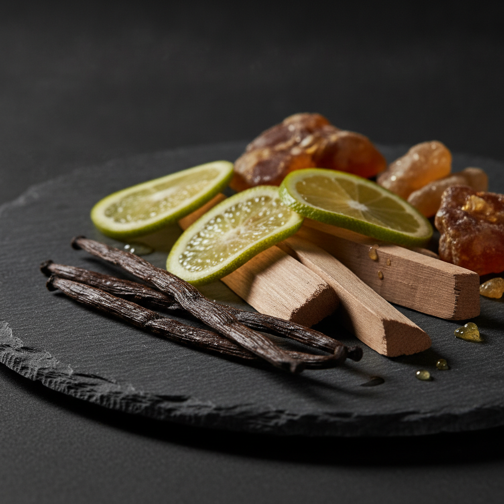 Close-up of vanilla, sandalwood, bergamot, and amber resin illustrating premium ingredients in a niche perfume brand
