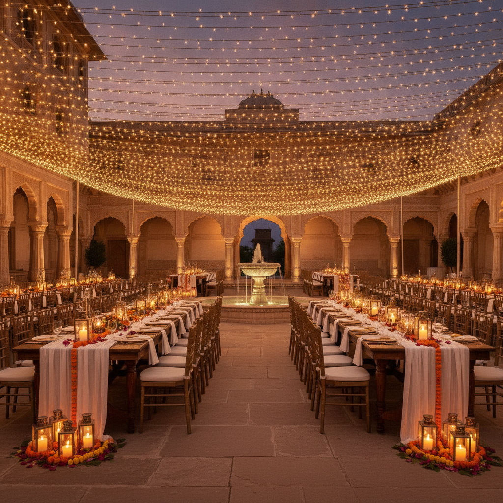 Udaipur-inspired outdoor reception layout with lanterns and marigold florals for a destination wedding
