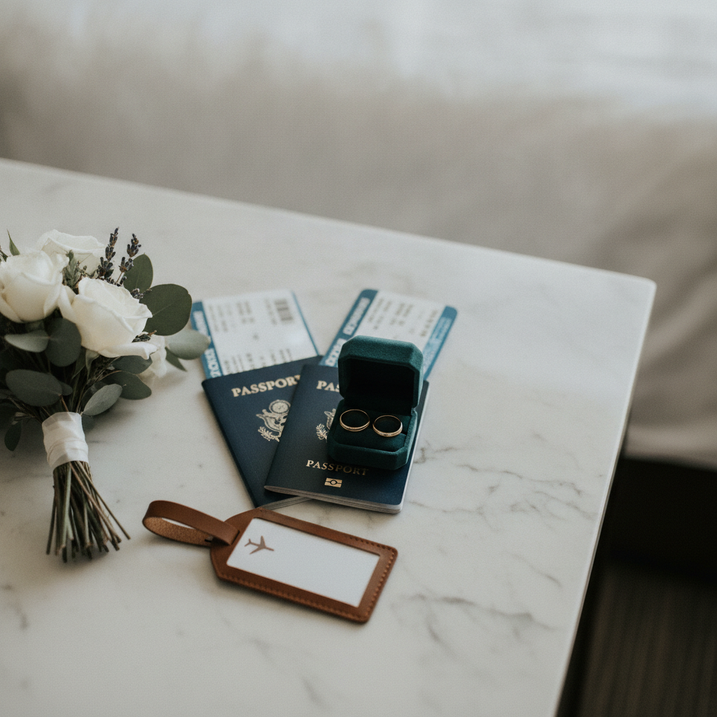 Close-up of travel essentials for an overseas wedding: passports, rings, and boarding passes ready for destination planning