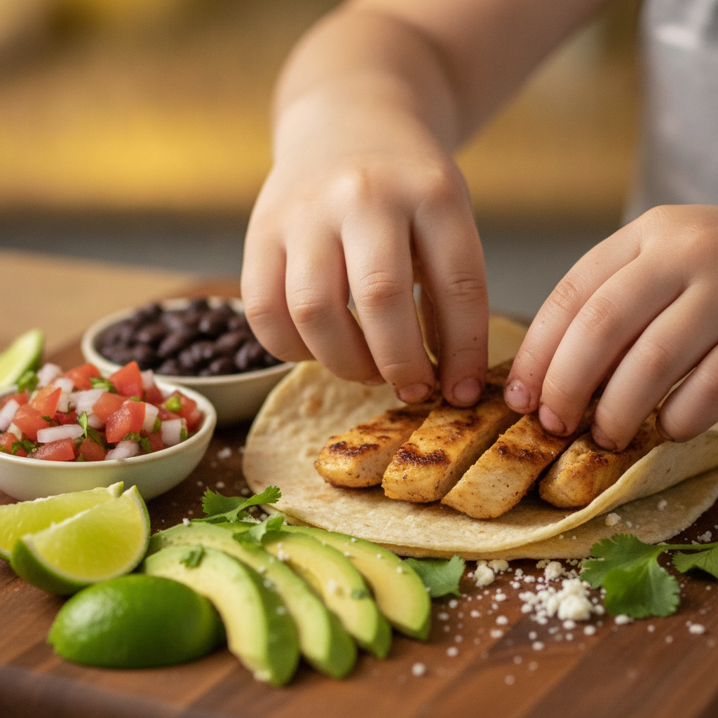 Close-up of kid-friendly Mexican grill ingredients being assembled: grilled chicken, tortillas, beans, pico, avocado, and lime