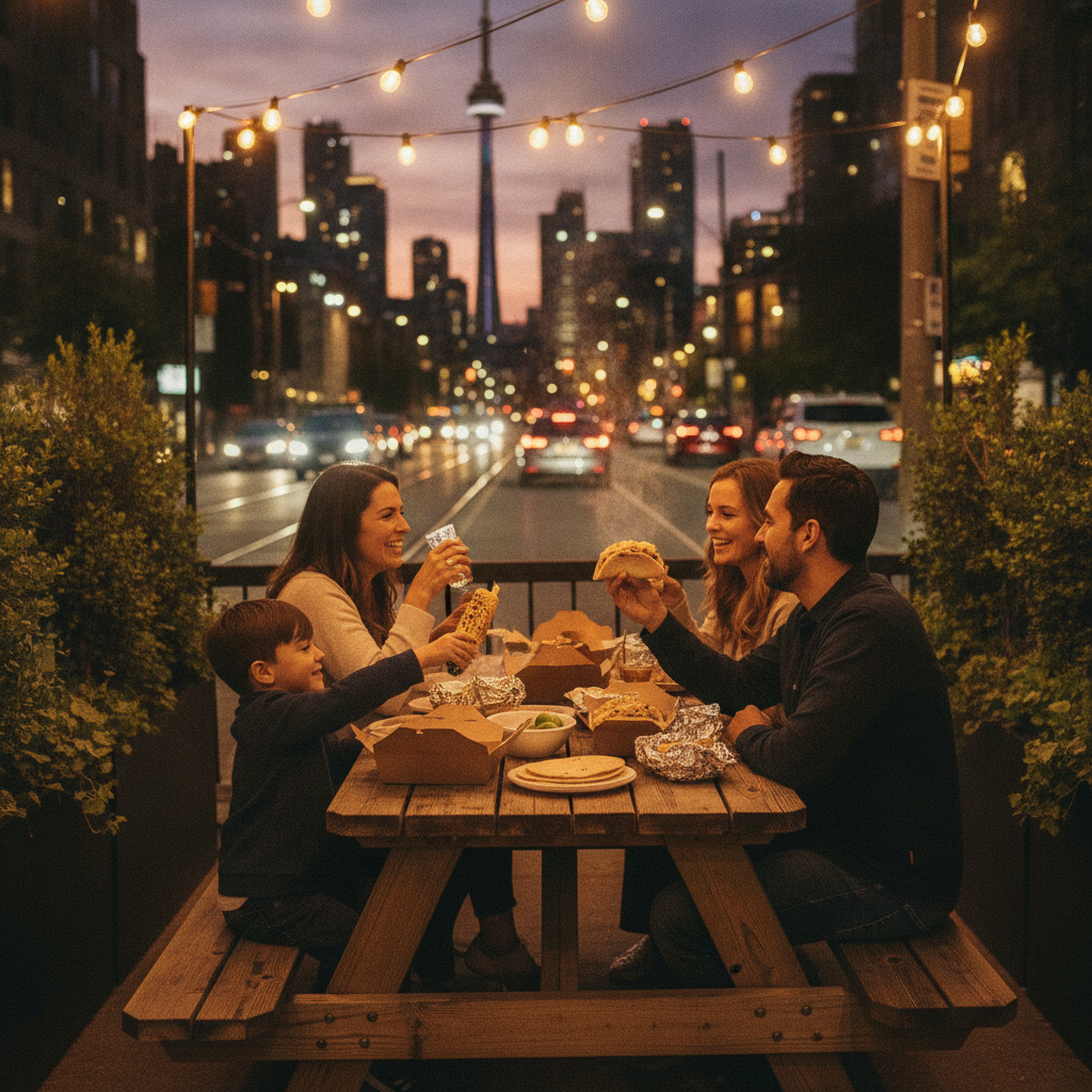 Evening patio scene in Toronto with a family sharing tacos and elote in takeout containers under warm bistro lights