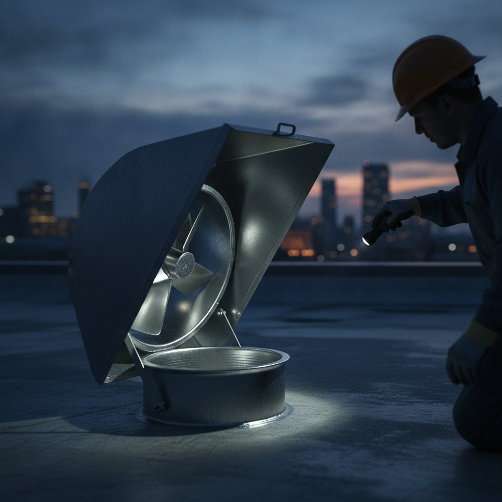 Rooftop upblast exhaust fan inspection with hinge kit as part of restaurant ventilation optimization
