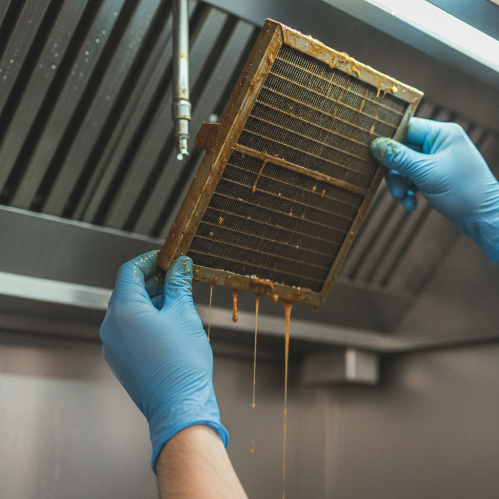 Technician performing restaurant hood filter cleaning during ventilation optimization in Ontario