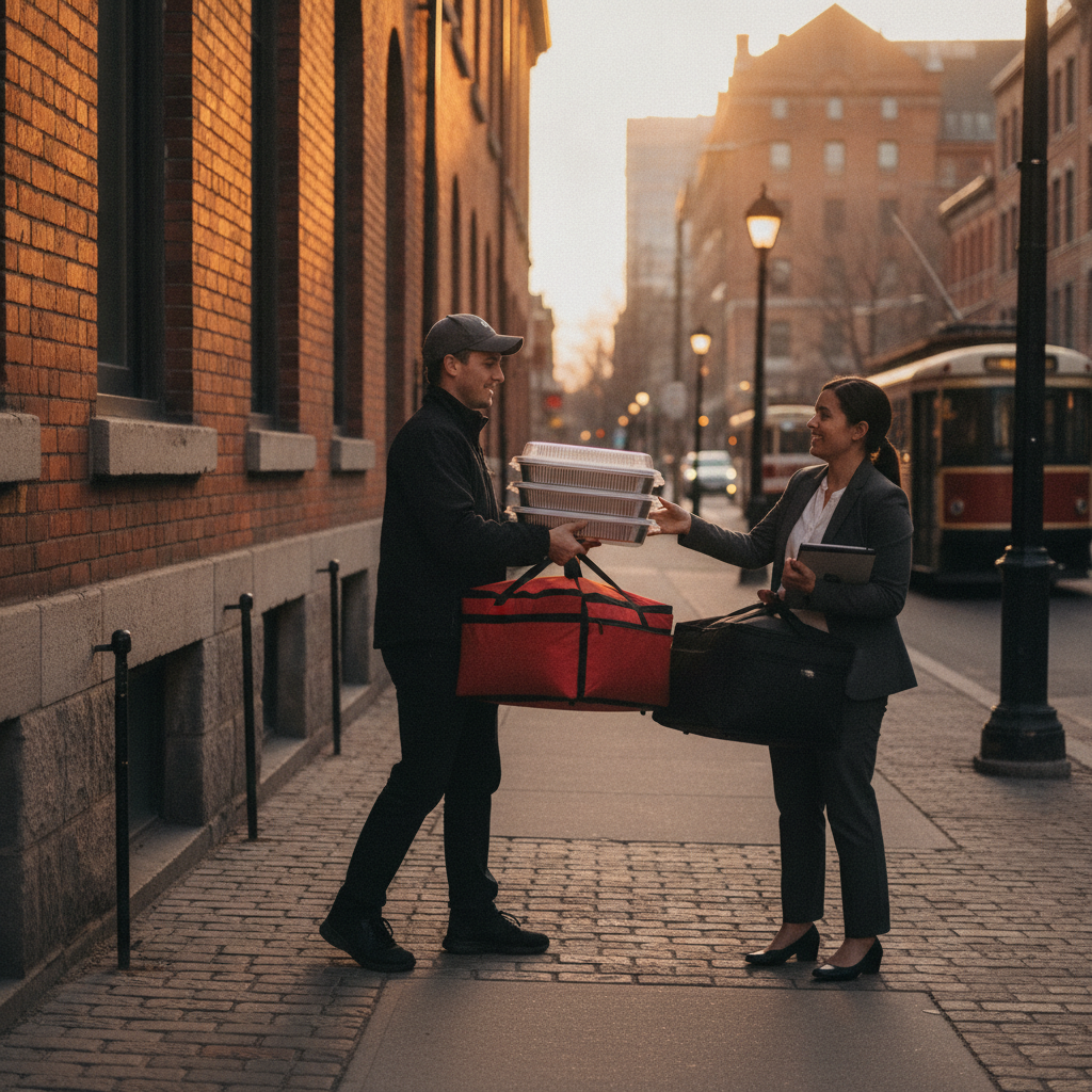 Catering delivery handoff in Old Toronto outside a brick building with insulated bags and trays