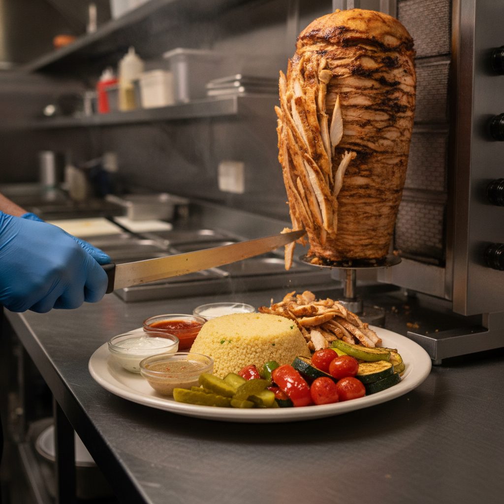 Close-up of chicken shawarma carved fresh for Old Toronto catering with sides and sauces
