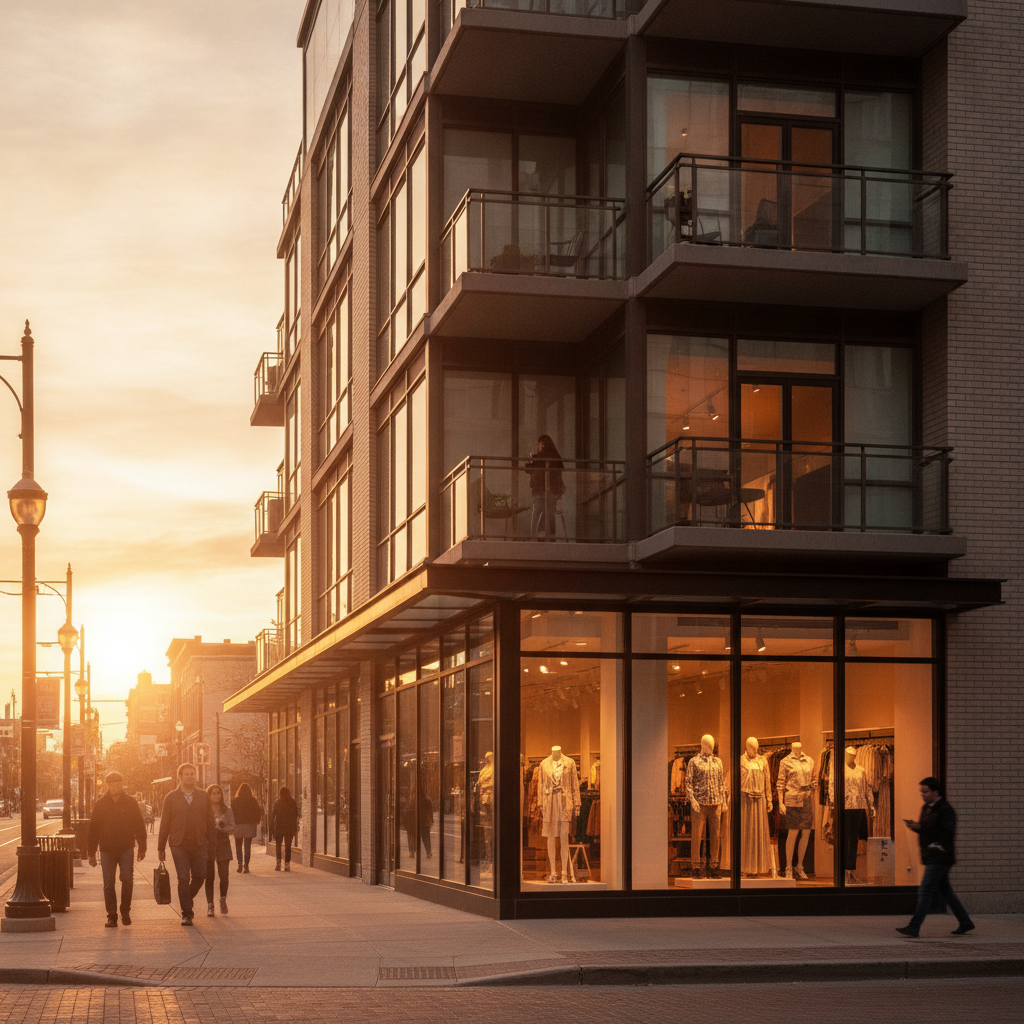 Mixed-use streetscape showing ground-floor retail and condos above in the Greater Toronto Area