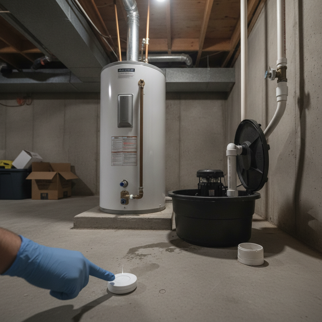 Basement utility area during inspection showing water heater, sump pump basin, and main drain cleanout