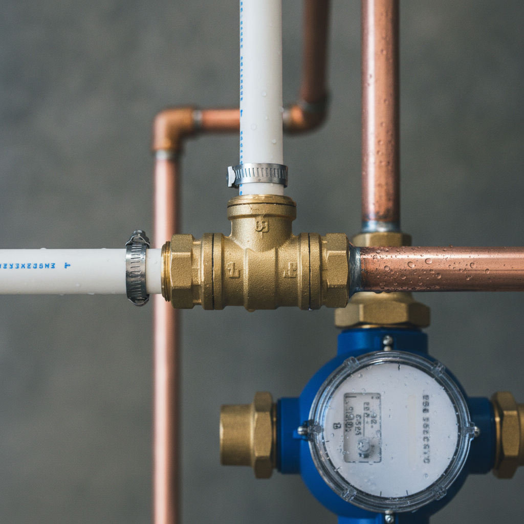 Close-up of brass shutoff valve with PEX and copper connections during plumbing inspection