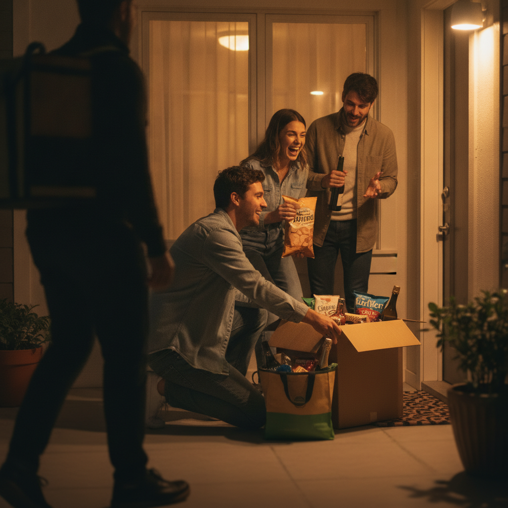 Friends in Downtown Calgary receiving a doorstep drop-off of alcohol and snacks during an evening gathering