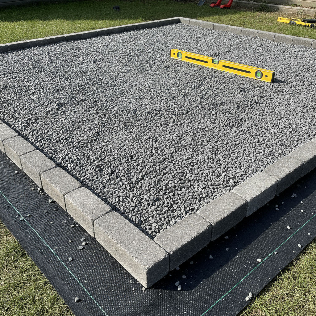 Compacted gravel pad foundation for garden shed with geotextile fabric and level—best-practice base in Mississauga