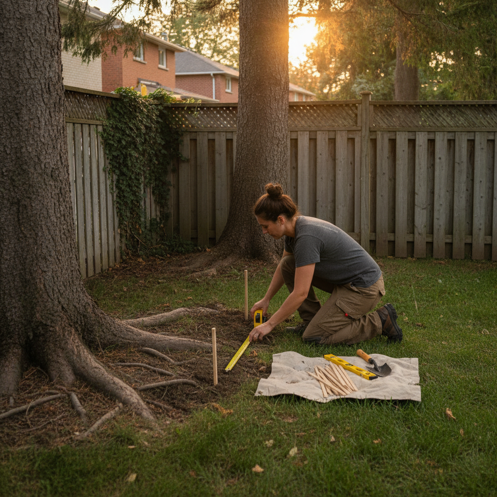 Measuring shed setbacks with tape and stakes along a fence line to protect roots and maintain clearances