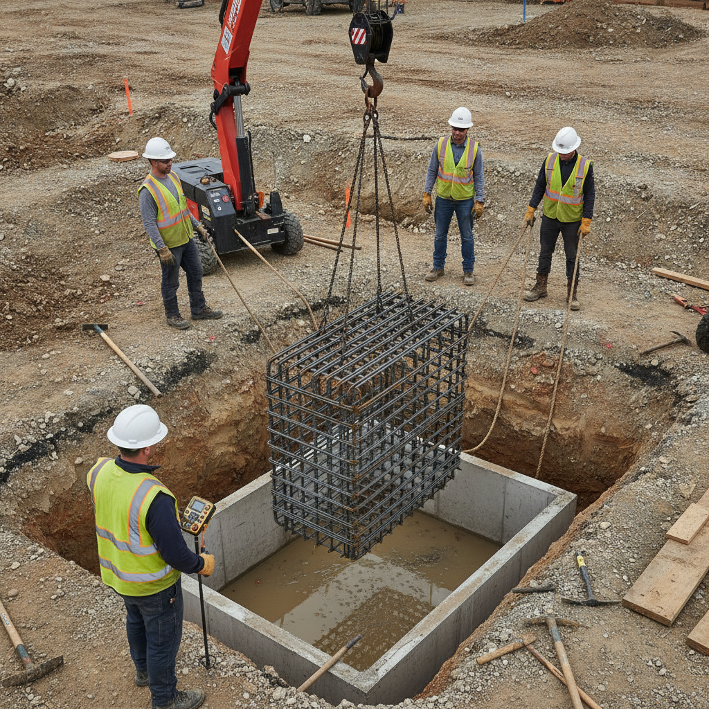 Construction crew lowering a prefabricated rebar cage into a footing, representing Tekla-to-field workflow and delivery sequencing