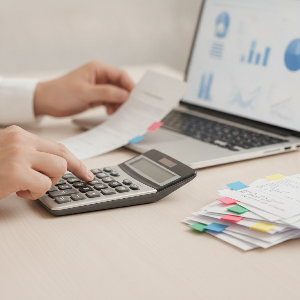 Close‑up of hands organizing receipts next to a calculator during small business tax planning