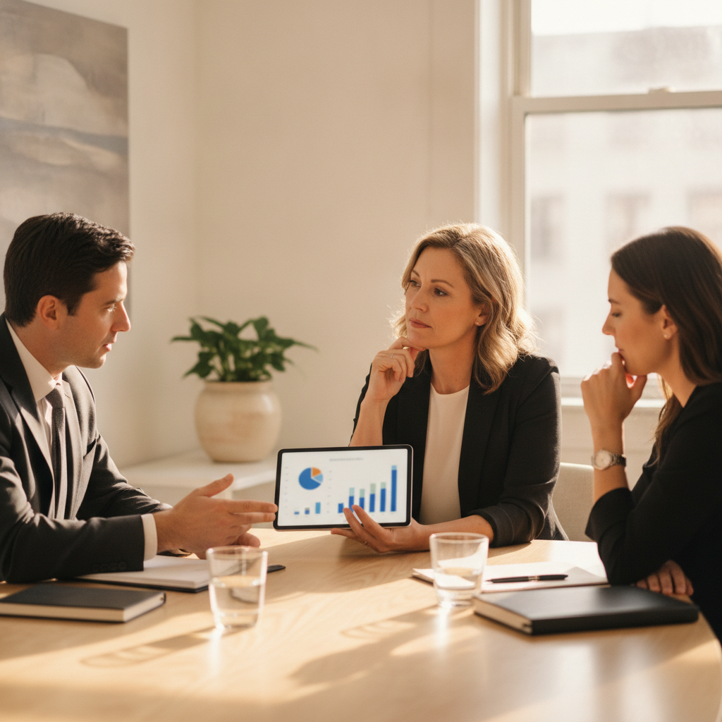 Advisors and a small business owner reviewing a tablet during a collaborative tax planning session