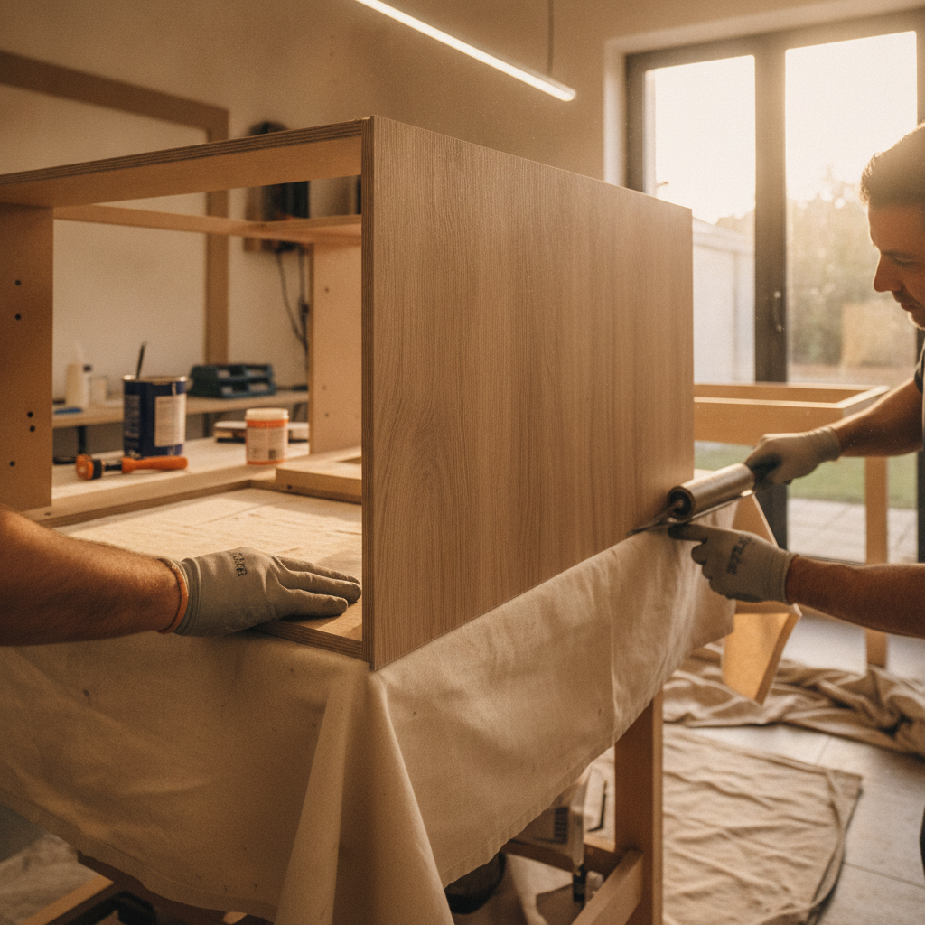 Applying wood-look laminate veneer to a bathroom cabinet box during refacing in Toronto, using a J-roller for even pressure