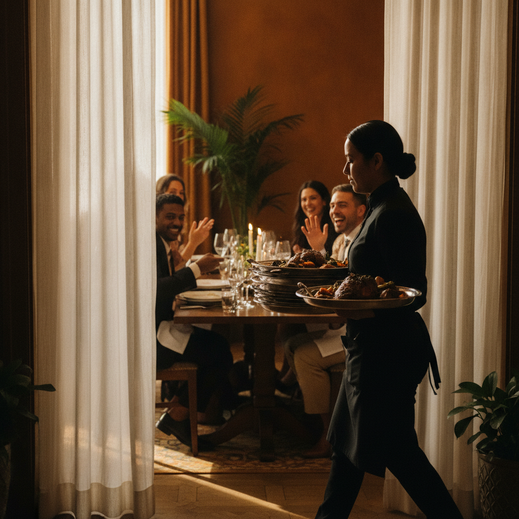 Server entering an elegant private dining room with family-style platters, illustrating seamless service flow