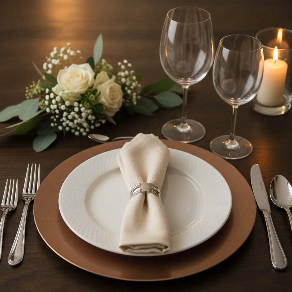 Close-up place setting for a private dining room reservation with crystal glassware and elegant linens