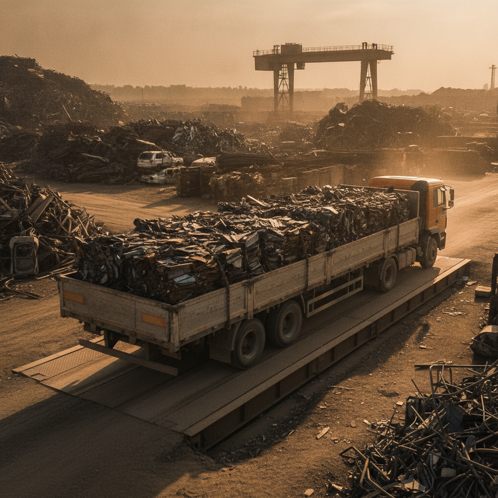 Weighbridge scale at a metal recycling center with bundled steel on a flatbed, showing how scrap steel prices are finalized by weight and grade