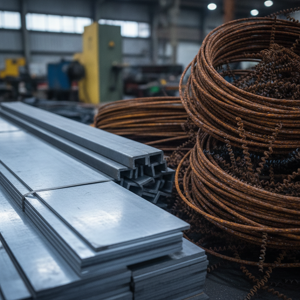 Close-up of sorted scrap steel grades showing clean plate steel beside rebar for accurate grading and better scrap steel prices