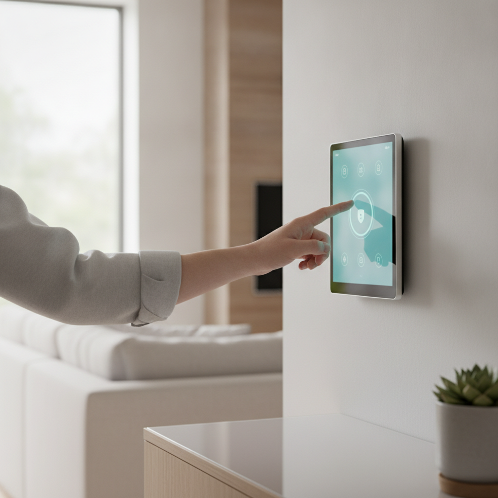Arming a smart home security system on a wall control panel for seamless installation and daily use