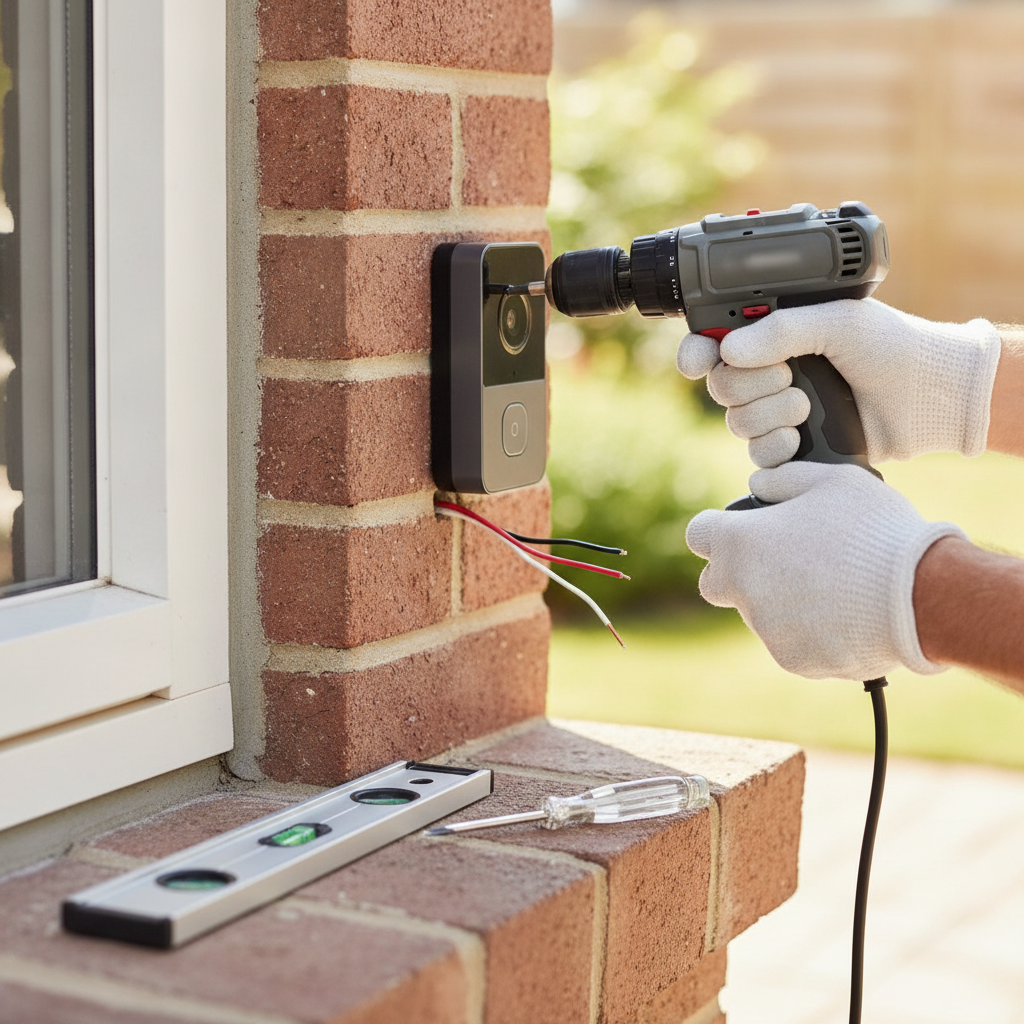 Close-up of professional video doorbell installation during home security system setup in Brampton
