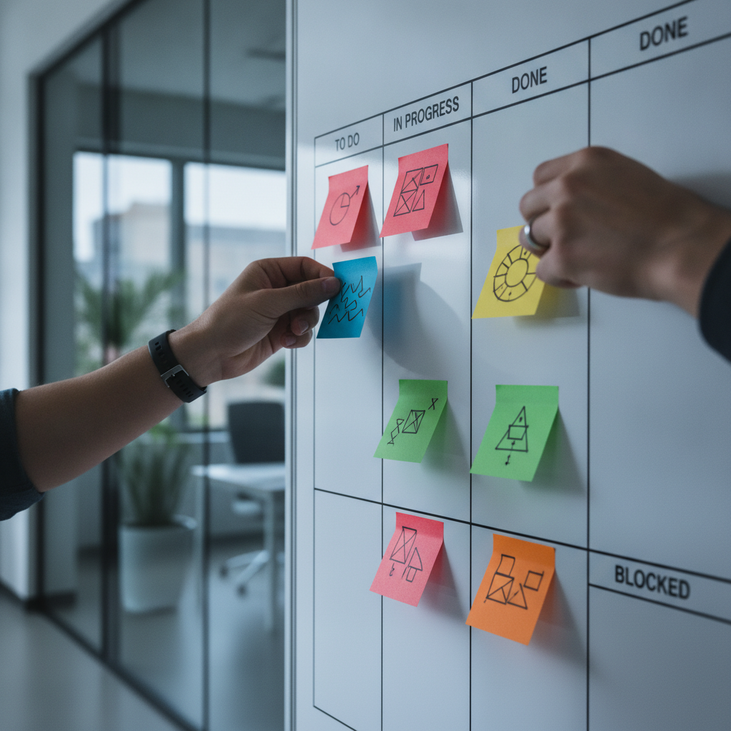 Close-up of a kanban board during agile sprint planning, illustrating hands-on corporate agile certification training