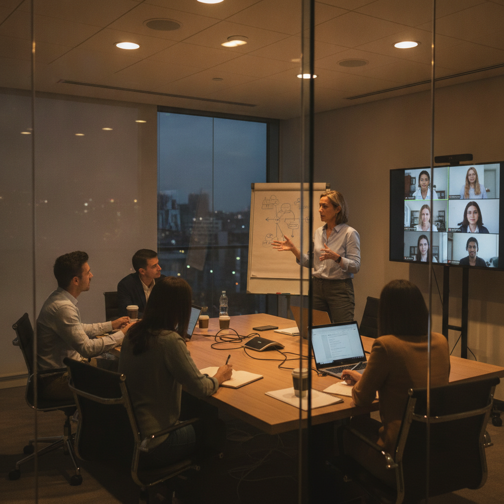 Hybrid corporate agile certification training session with in-person team and remote participants on screen
