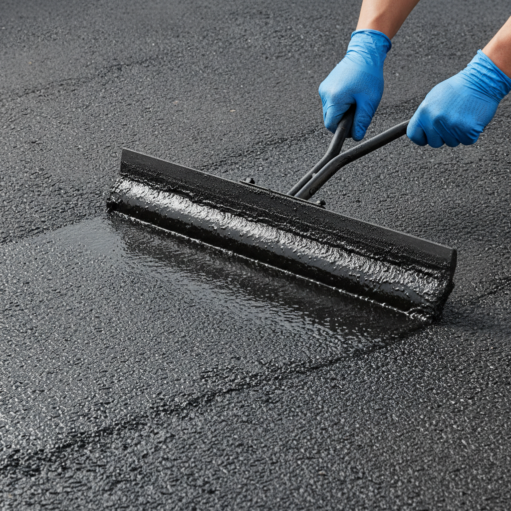 Close-up of pro applying asphalt driveway sealer with a squeegee for a smooth, even finish