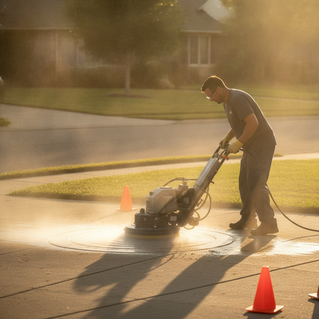 Contractor power washing a residential driveway to prepare for sealing, showing commercial surface cleaner in action