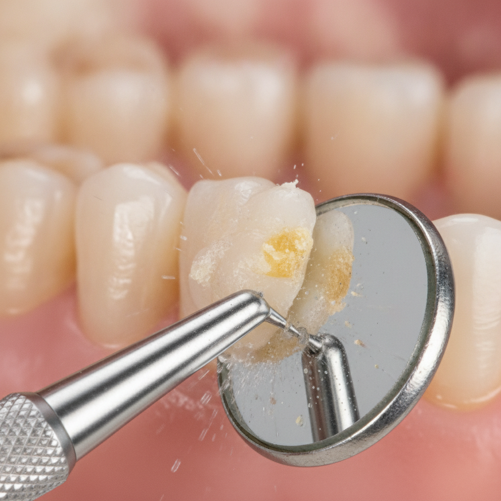 Close-up of ultrasonic scaler and dental mirror removing plaque during professional teeth cleaning services