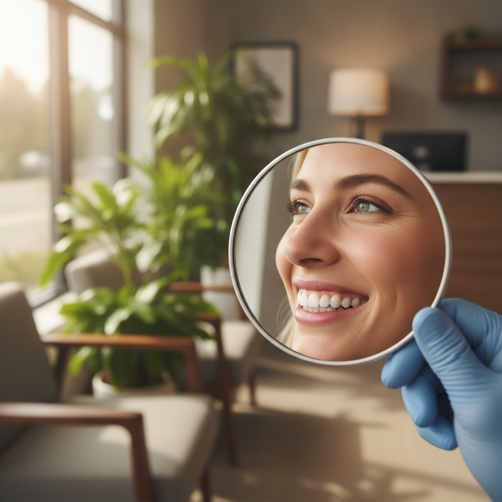 Happy patient checking bright smile in mirror after professional teeth cleaning in Scarborough