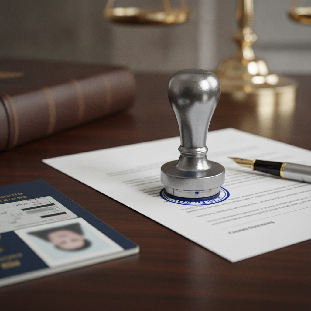 Close-up of a notary stamping a document with ID and pen, illustrating how a notary public office verifies identity and seals documents