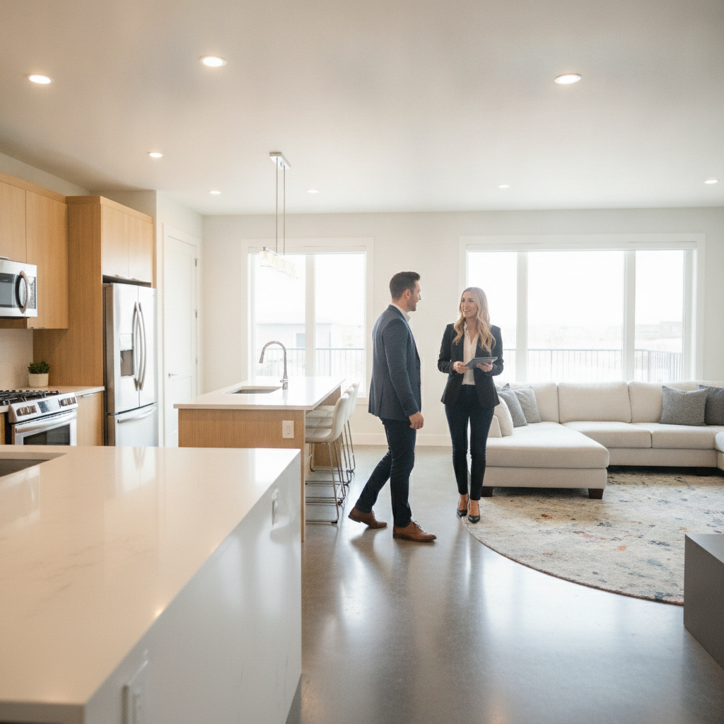 Investors touring an Edmonton home interior with a REALTOR during an investor-focused home search, bright open-concept kitchen and living area, Canadian real estate context