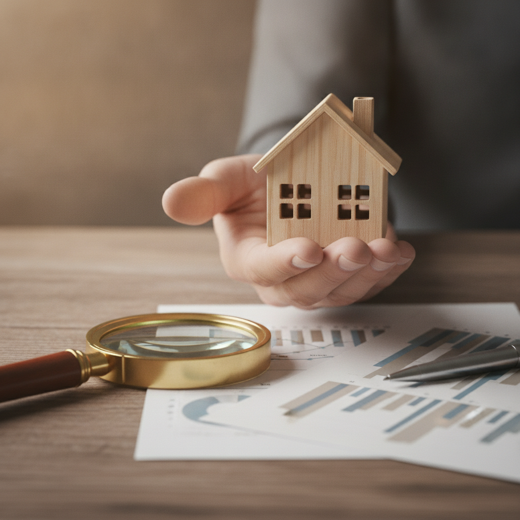 Close-up of investor tools for an Edmonton investor home search: wooden house model and magnifying glass beside neutral-colour charts, representing valuation checks in Canadian context