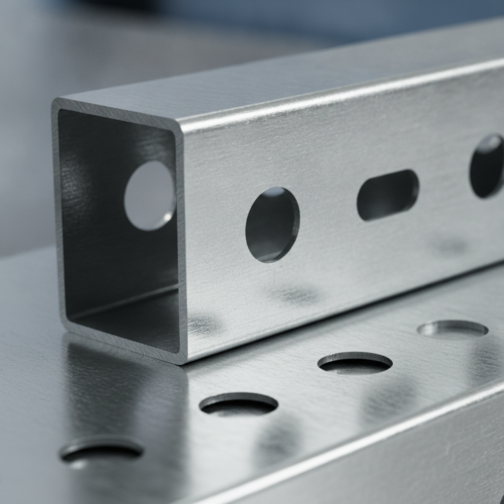 Close-up of a cold formed steel stud showing C-shape web, flange, return lip, and service holes for a precise steel stud framing system