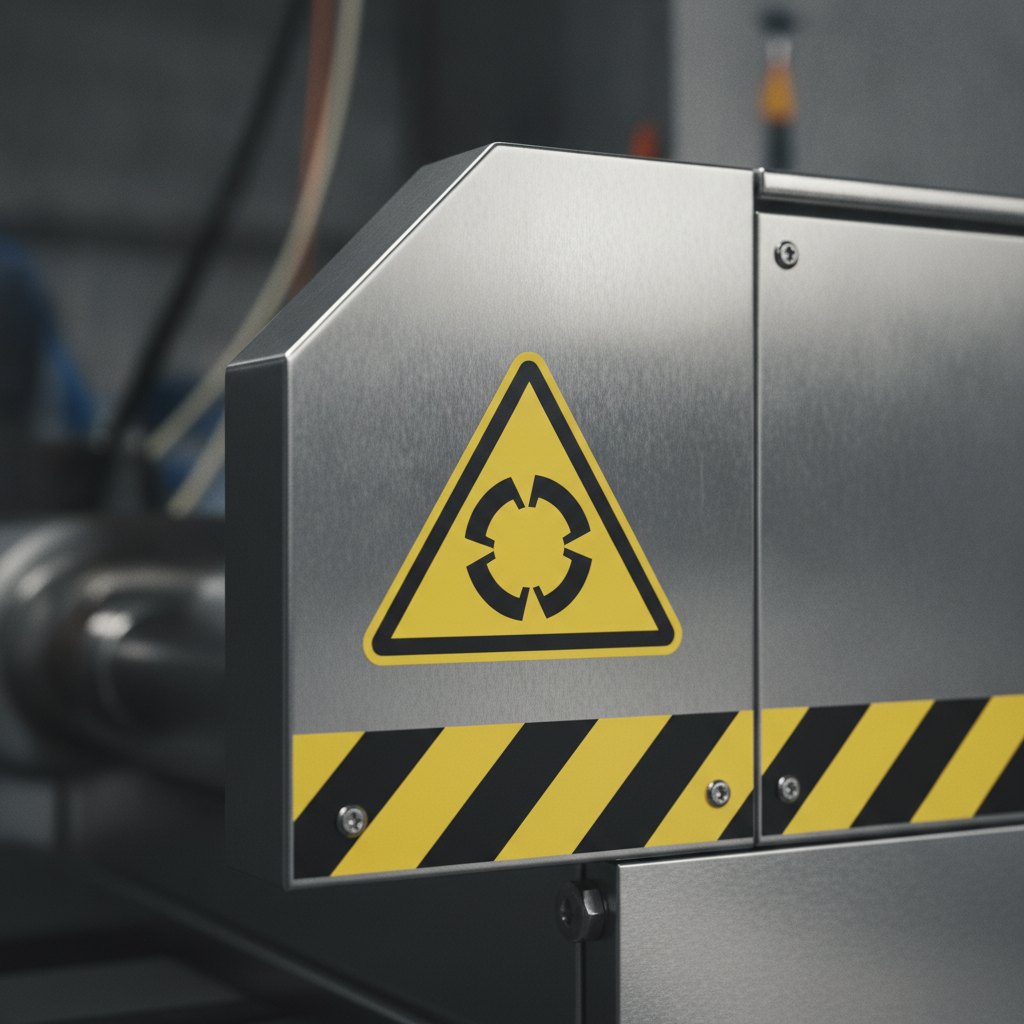 Close-up of a machine guard with a triangular hazard symbol and yellow-black striping on a warning sign, illustrating industrial signage detail