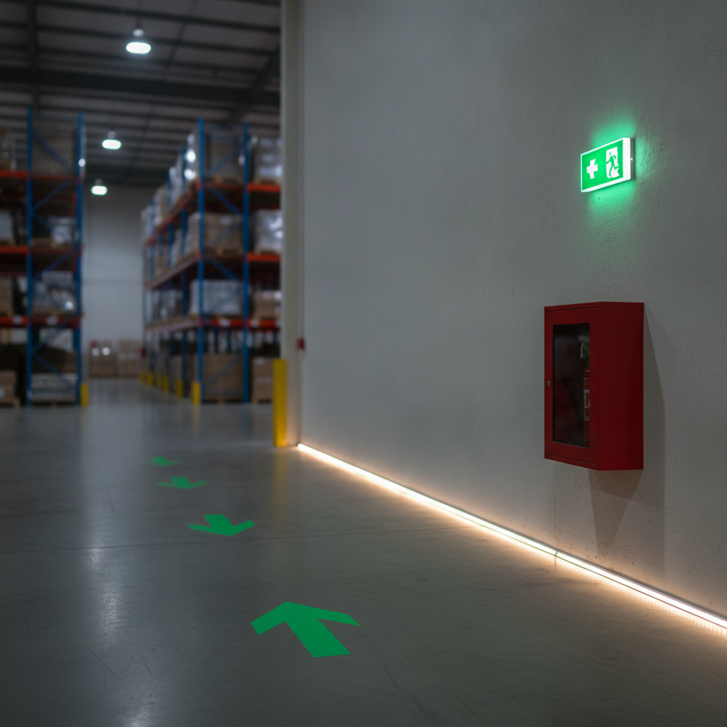 Emergency egress route in a warehouse with floor arrows and nearby fire extinguisher complementing warning signs for industrial safety