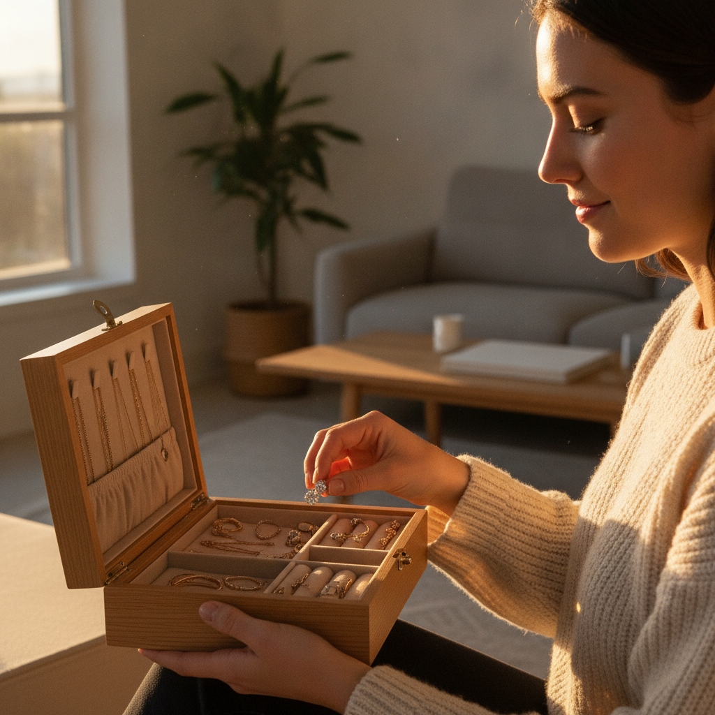 Lifestyle scene choosing diamond earrings from a jewelry box at home, warm light and modern interior for shopping context