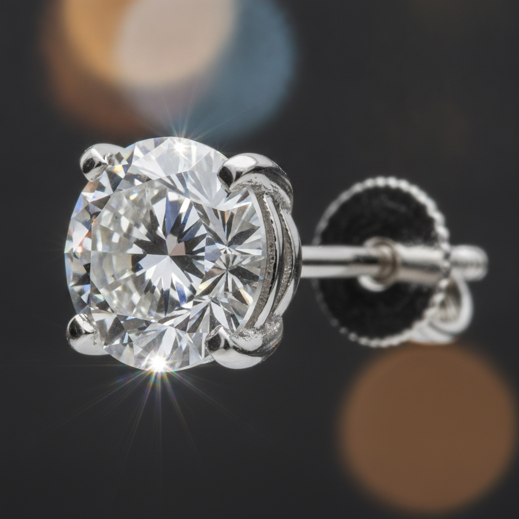 Close-up of certified lab-grown diamond stud earring in white gold four-prong setting, showcasing brilliance and fire