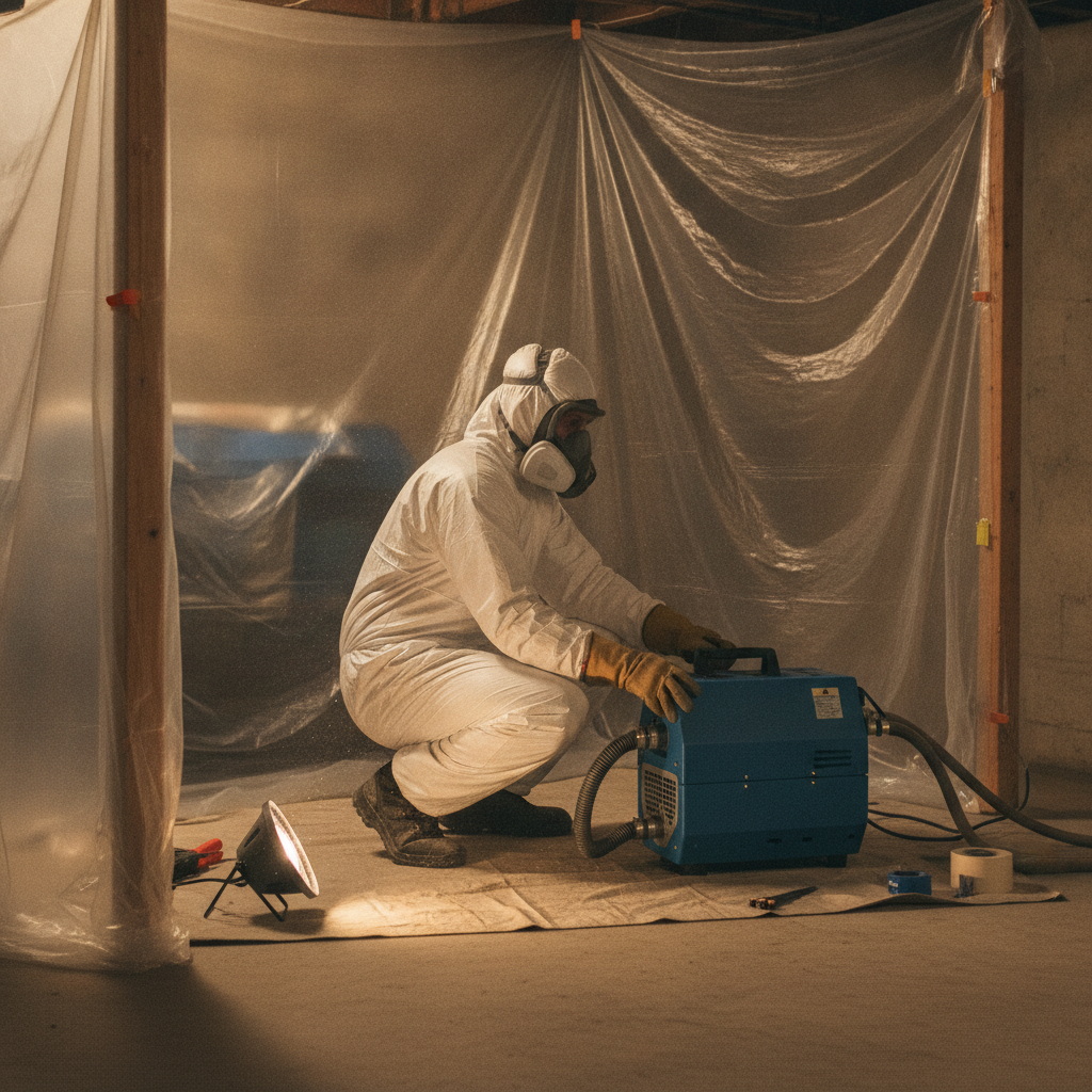 Technician in PPE setting up HEPA air scrubber and plastic containment for basement mold remediation in Scarborough