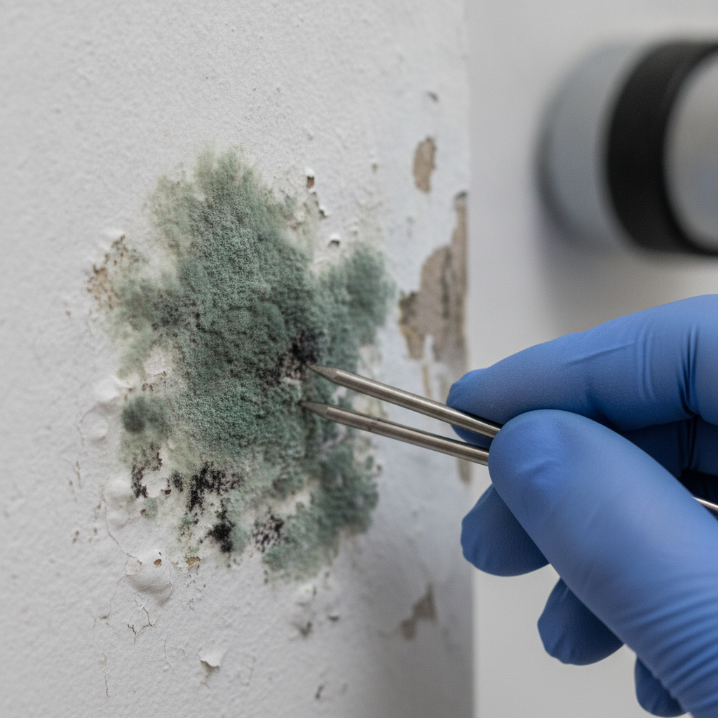 Close-up of mold growth on basement drywall with moisture meter during mold inspection in Scarborough
