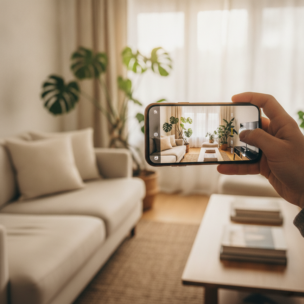 Homeowner stages living room and takes high-quality listing photos for selling a home on Houseup