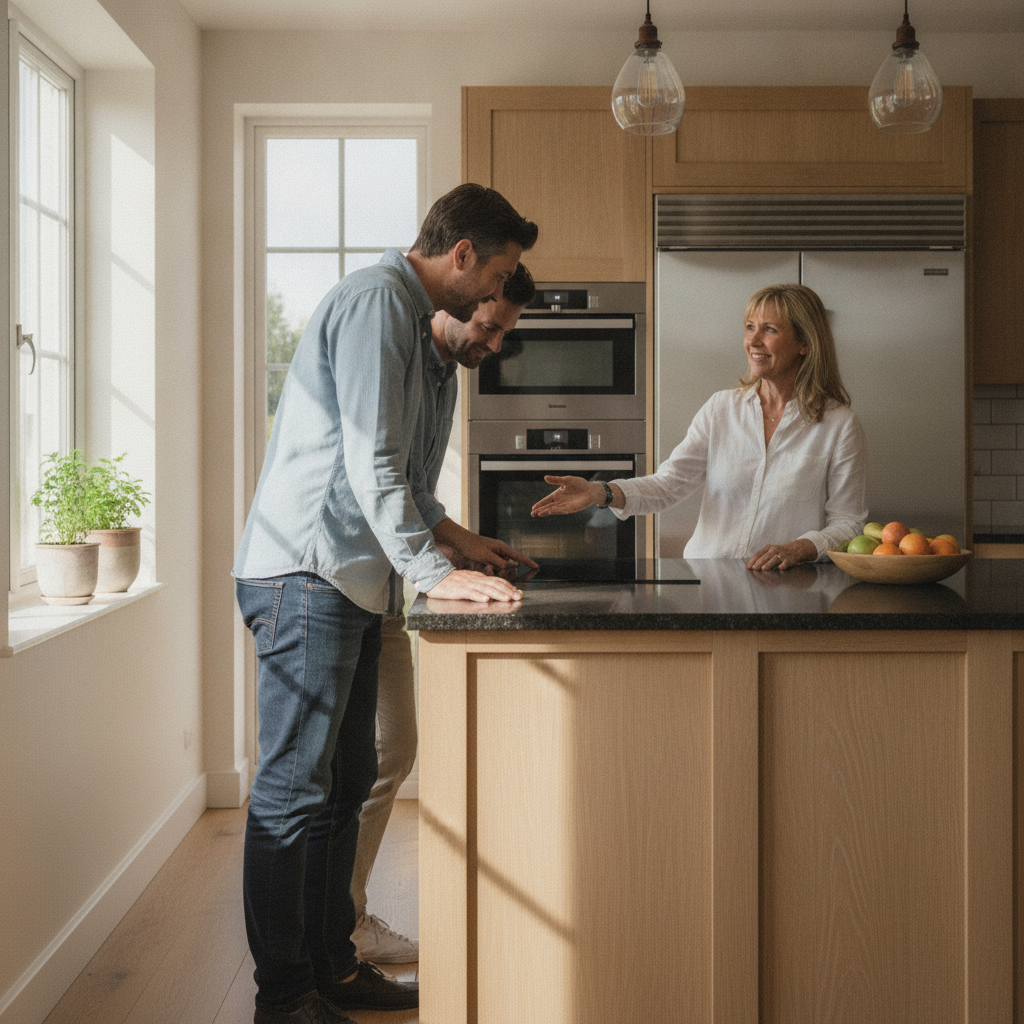 Prospective buyers touring a bright kitchen during a scheduled viewing arranged through Houseup