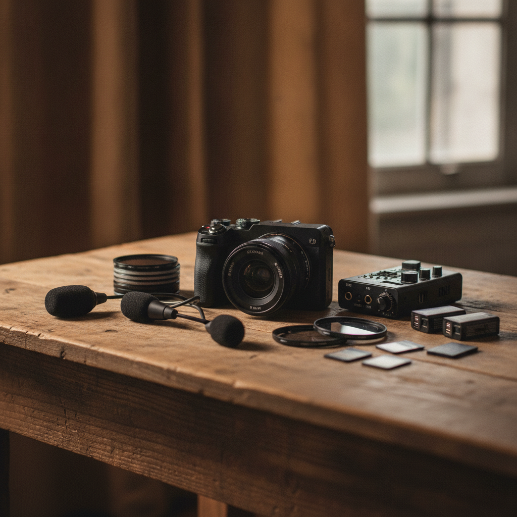 Detail shot of wedding cinematography gear for a wedding cinematography shot list: camera, mics, ND filters, and batteries organized for fast setup