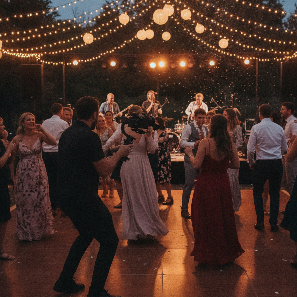 Candid reception dance floor coverage for a wedding cinematography shot list with a videographer on a gimbal and warm string lights