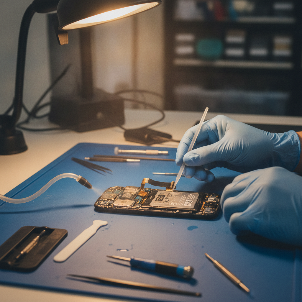 Technician with anti-static gloves inspecting a water-exposed phone on a pro repair mat, safe diagnostics for water-damaged phone repair