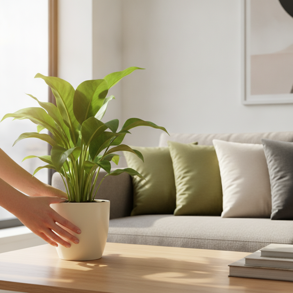 Staging details to sell your home quickly: close-up of hands placing a plant on a styled coffee table in a bright living room