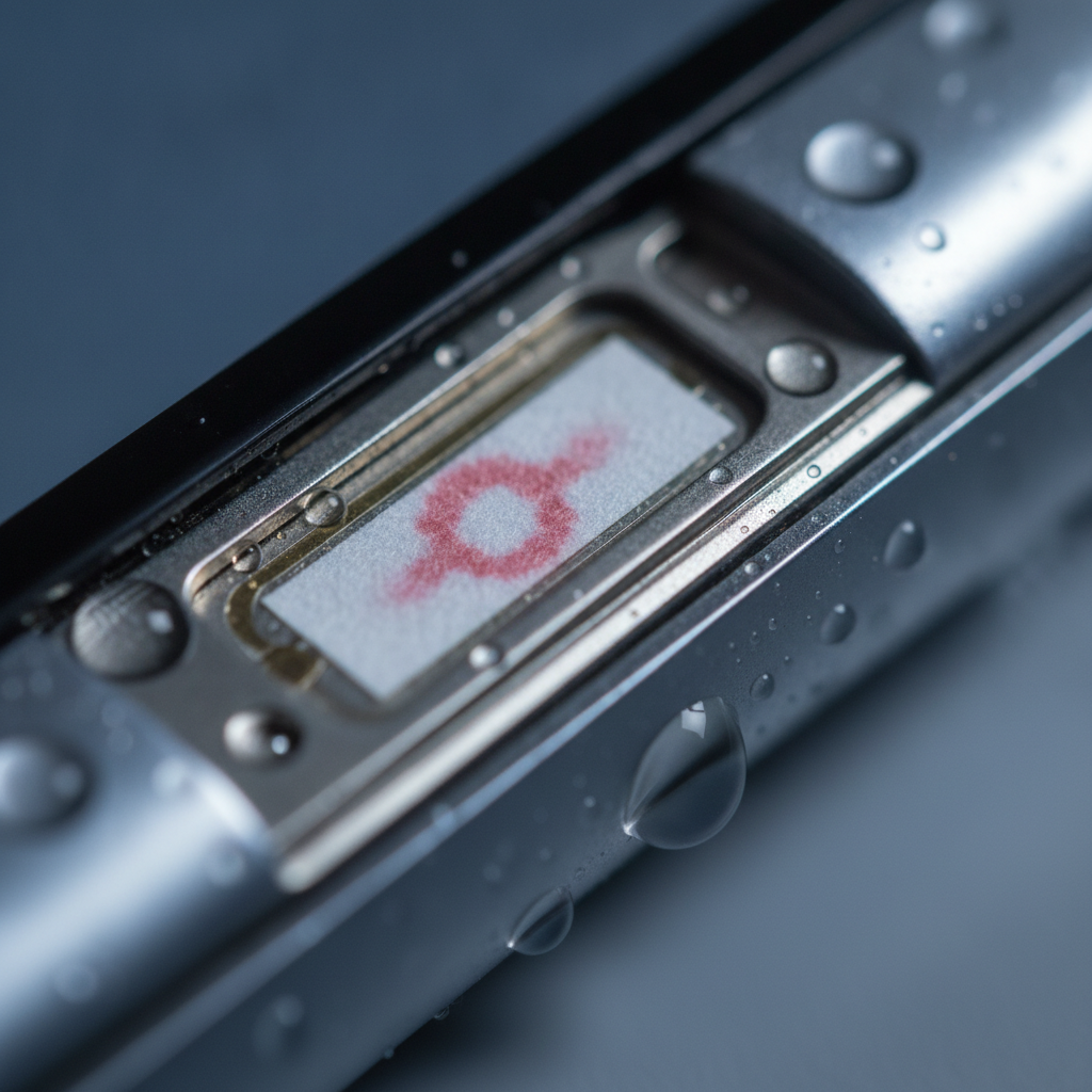 Close-up of water around a smartphone SIM tray and moisture indicator strip showing potential liquid ingress, water-damaged phone repair detail