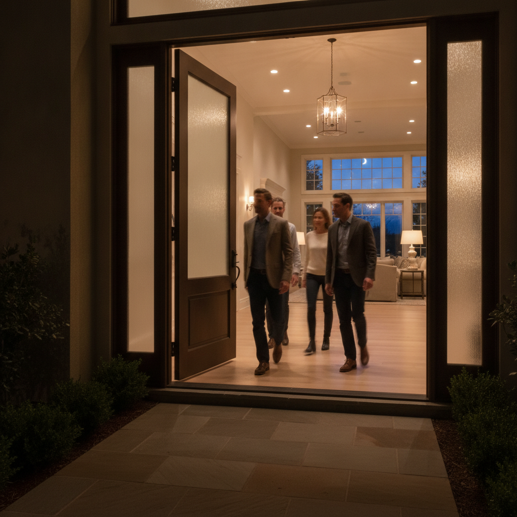 Evening showing to sell your home quickly: buyers entering a warmly lit entryway for a scheduled viewing